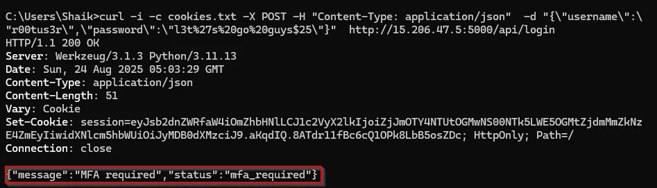 Login API response status mfa_required with a user_id session cookie